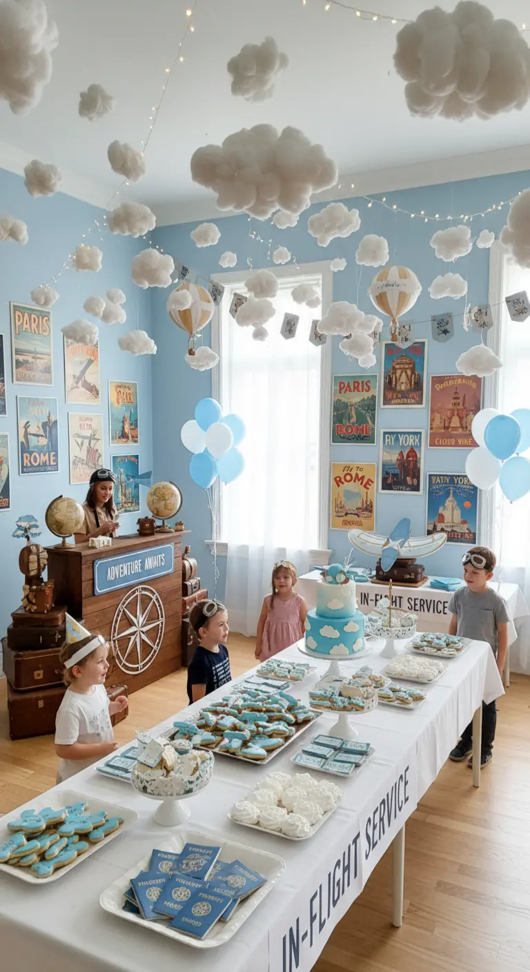 Fiesta de cumpleaños de viajes con nubes colgantes, mapas y galletas de avión y pasaporte.