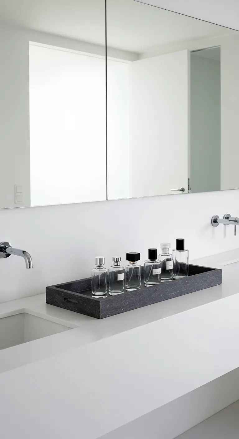 Bandeja de piedra oscura sobre una encimera blanca con varios frascos de perfume perfectamente ordenados.