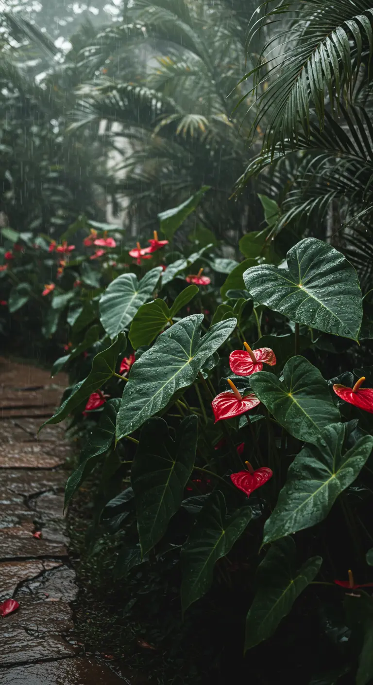 Plantas de Anturio con grandes hojas verdes y flores rojas brillantes cubiertas de gotas de lluvia.
