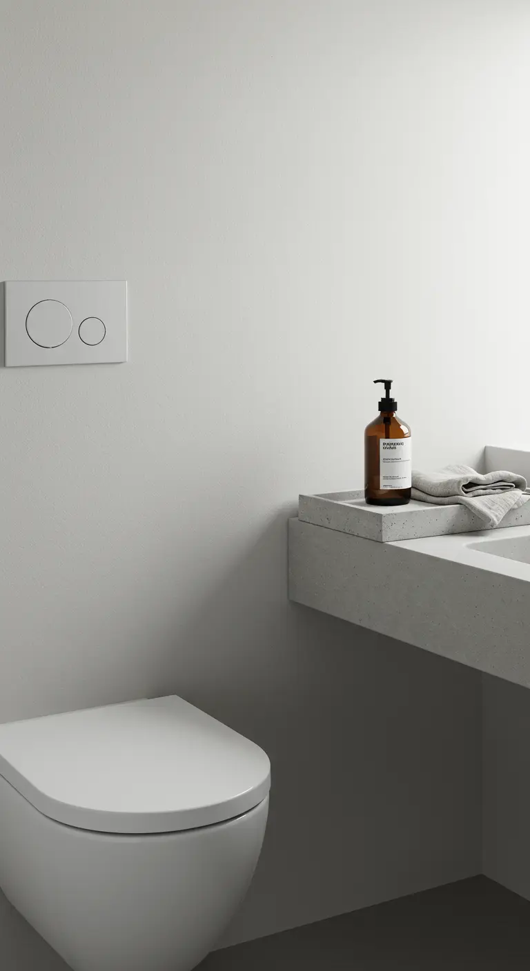 Detalle de un lavabo de cemento pulido con un dispensador de jabón de vidrio ámbar y una toalla gris.