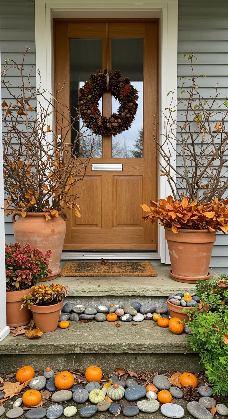 Porche de estilo natural con macetas de terracota llenas de ramas secas y una corona de piñas.