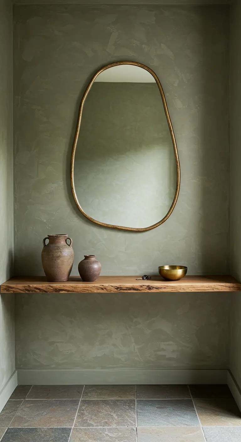 Rincón minimalista con pared texturizada verde olivo y espejo orgánico dorado.