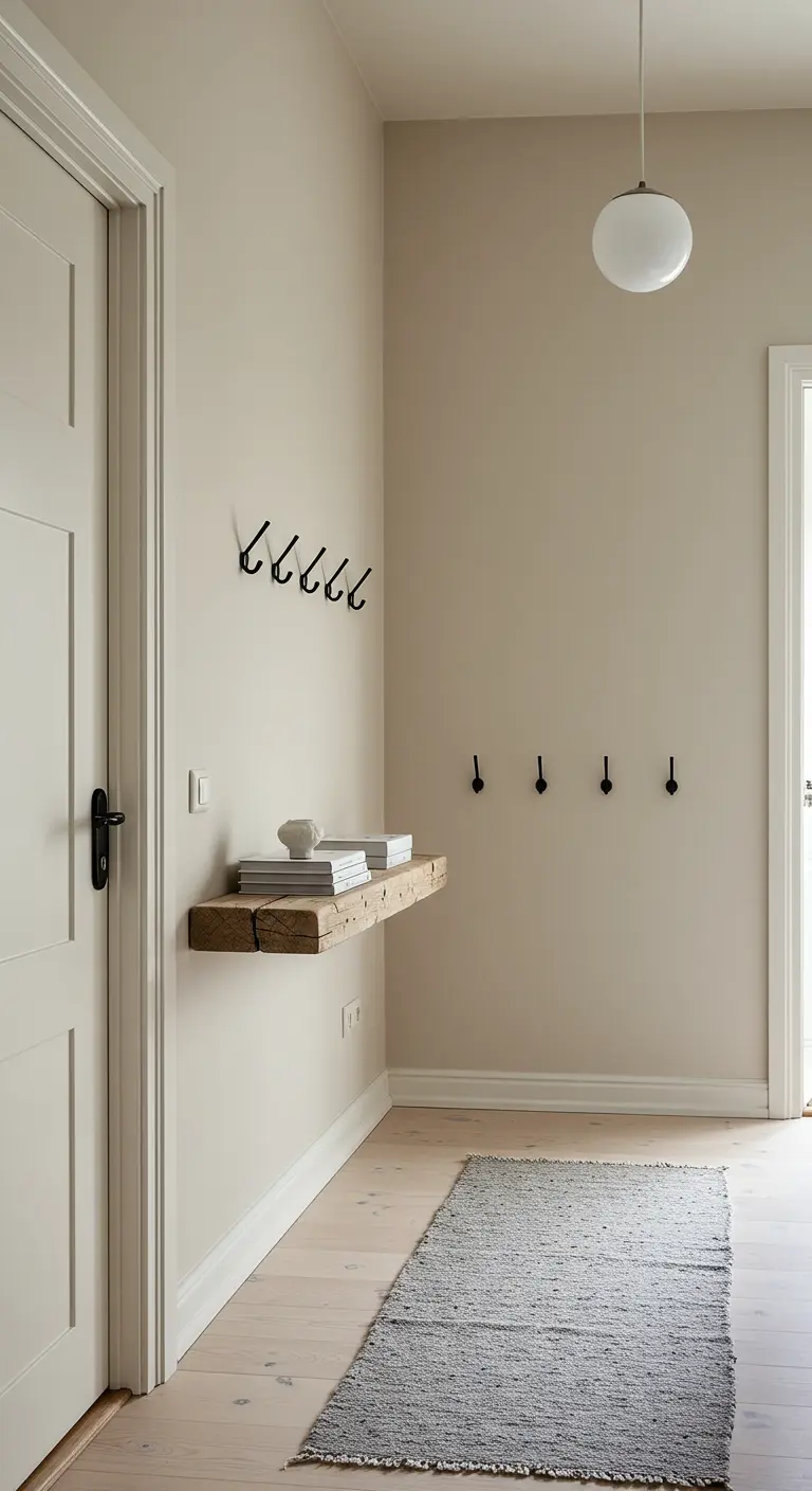 Entrada minimalista con balda flotante de madera rústica y ganchos negros en una pared beige.