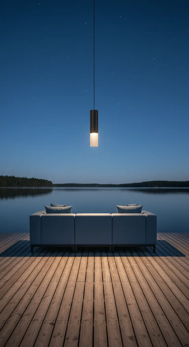 Muelle de madera sobre un lago con un sofá gris y una sola lámpara moderna colgando en la noche