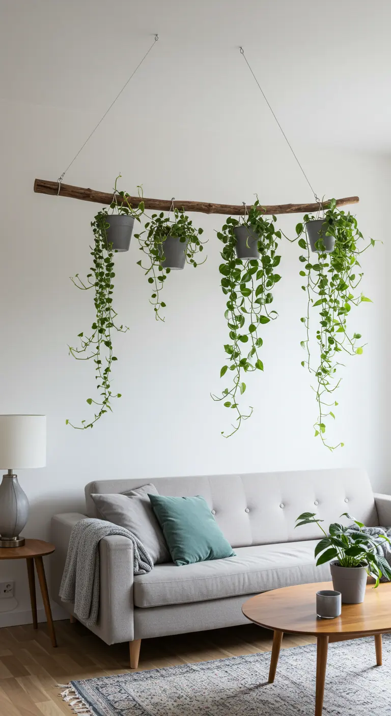 Cuatro plantas en macetas grises colgando de una rama natural suspendida sobre un sofá