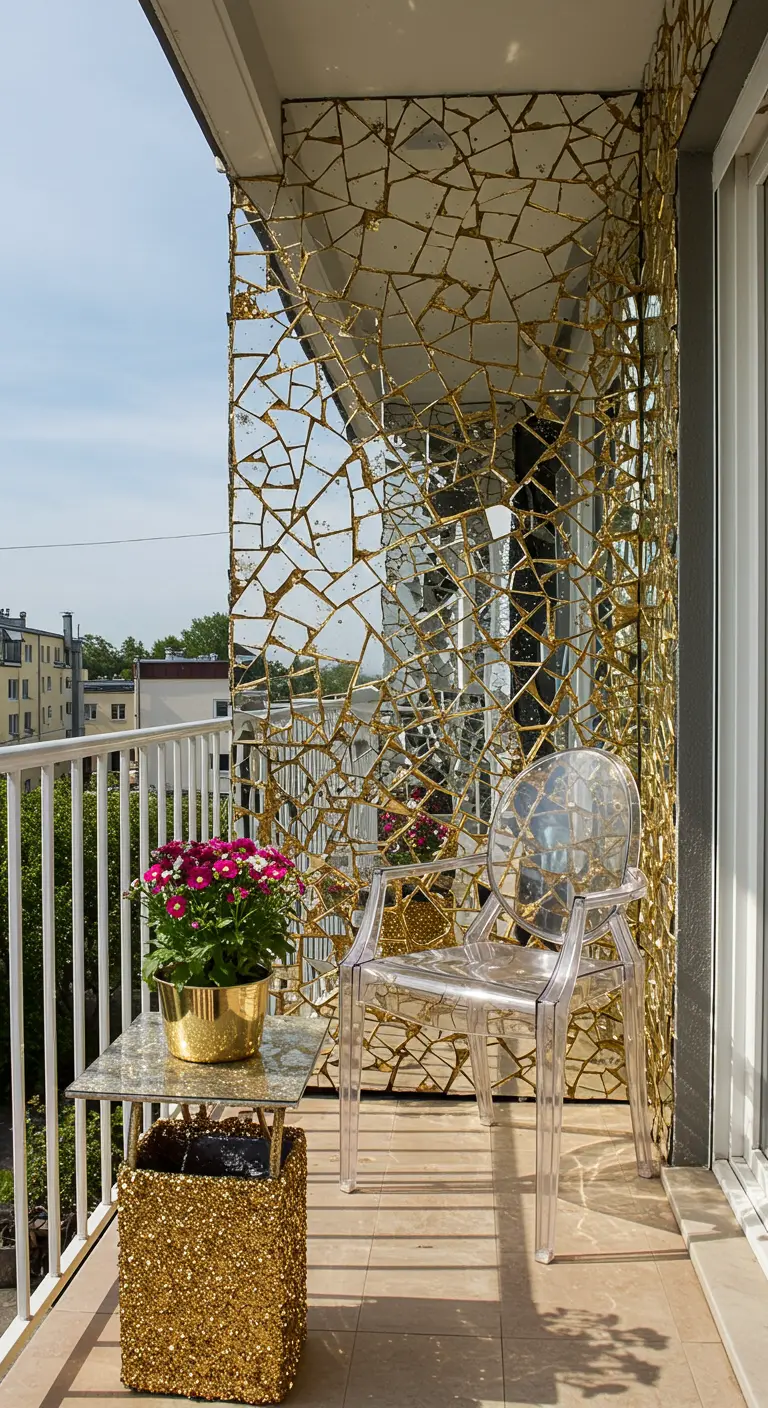 Pared de balcón cubierta con un mosaico de espejos rotos y juntas doradas.