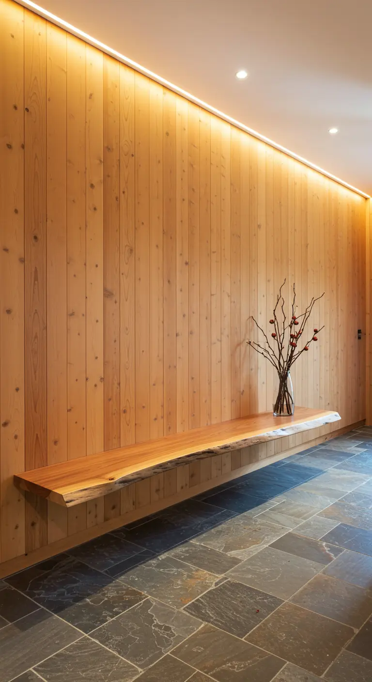 Pared de madera clara con un banco flotante de madera de borde natural y luz indirecta