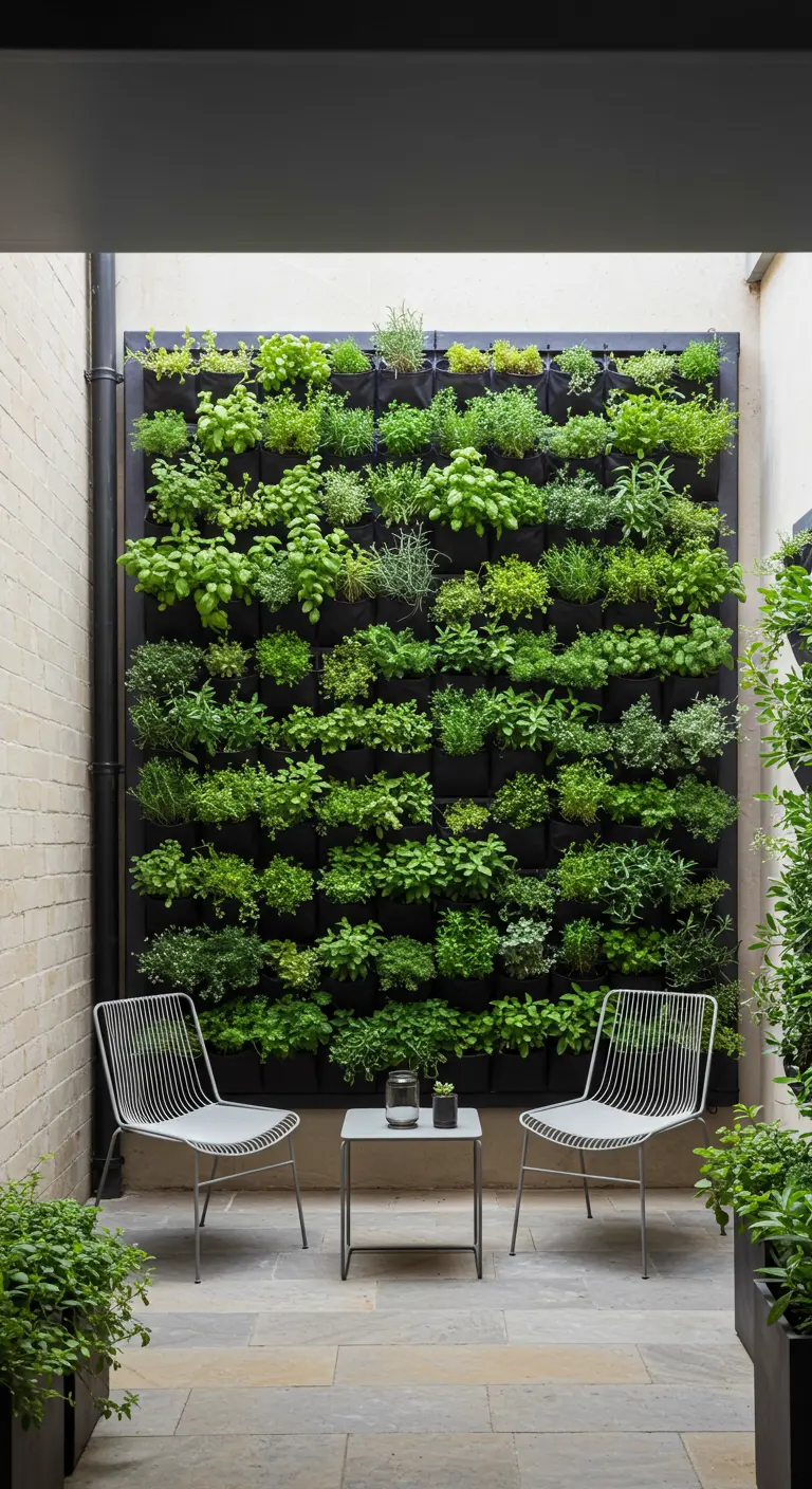 Una gran pared de cultivo vertical completamente cubierta con diferentes tipos de hierbas aromáticas.