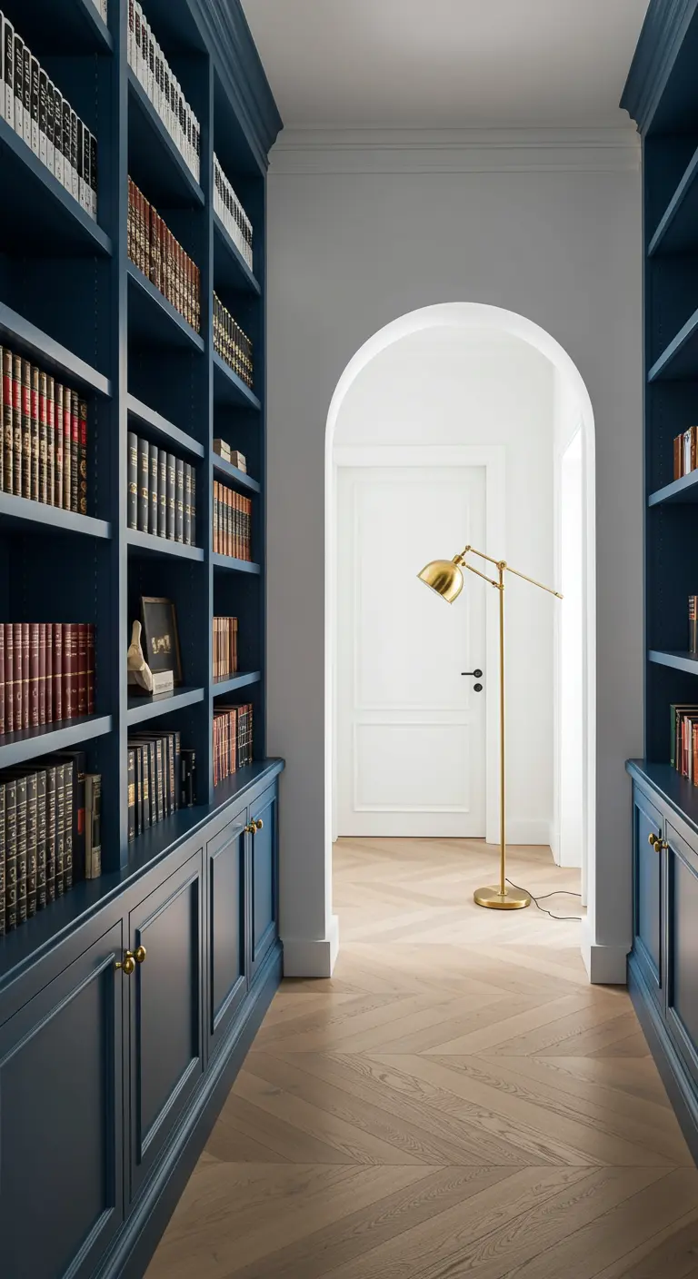 Pasillo flanqueado por altas estanterías azules repletas de libros que conducen a un arco