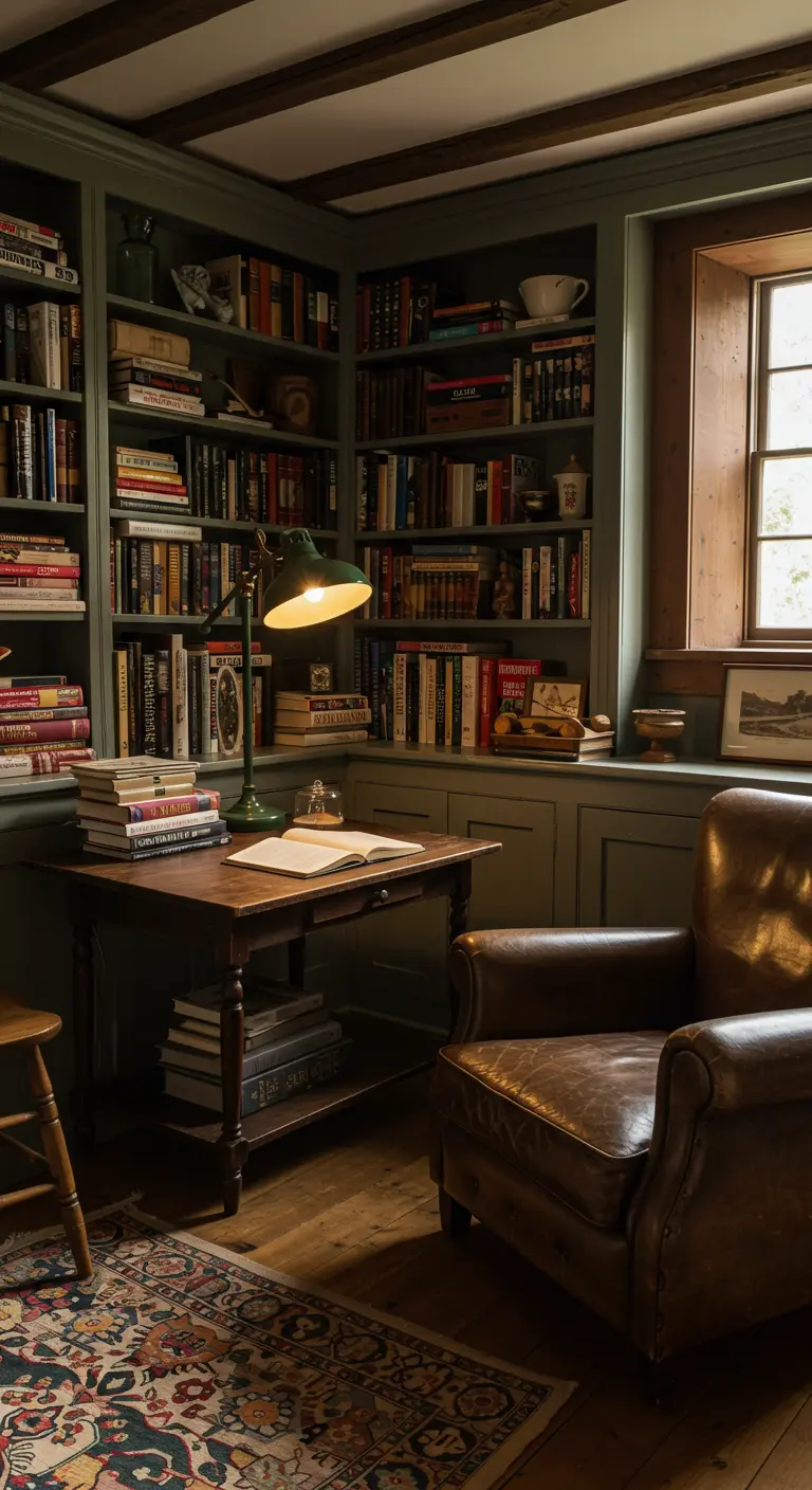 Rincón de biblioteca oscuro y acogedor en una cocina con estanterías llenas de libros