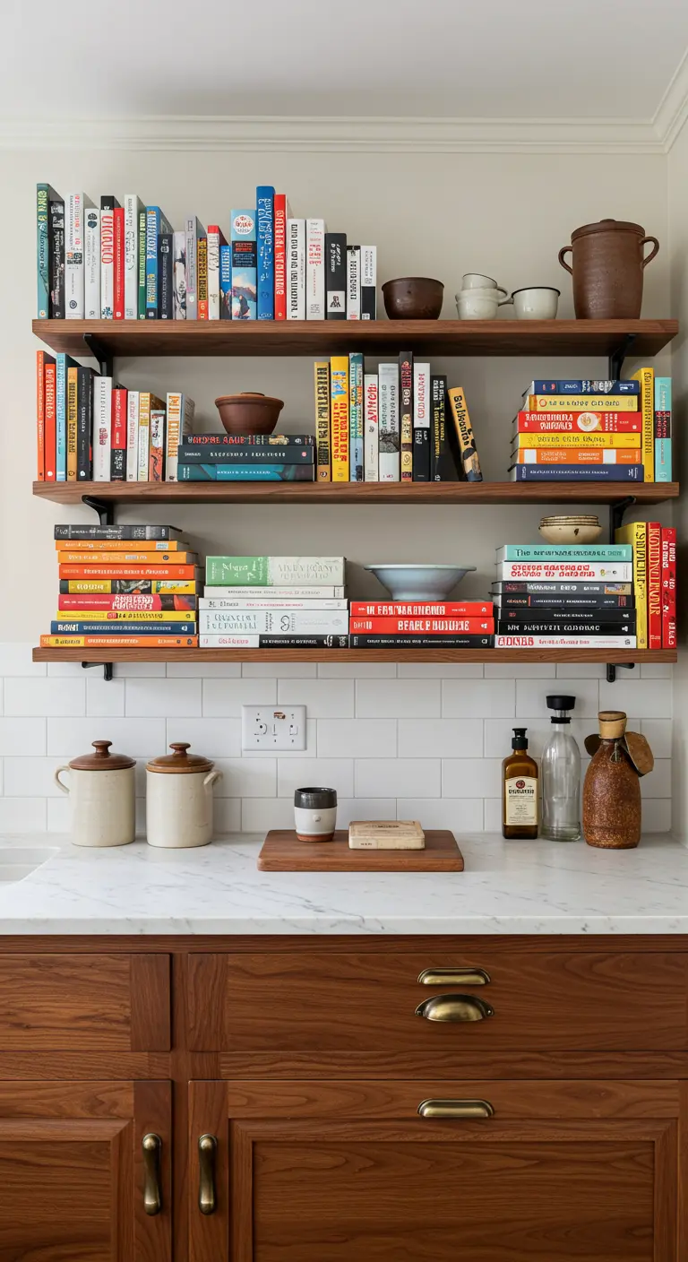 Estantes de madera de nogal llenos de libros de cocina y algunos cuencos de cerámica
