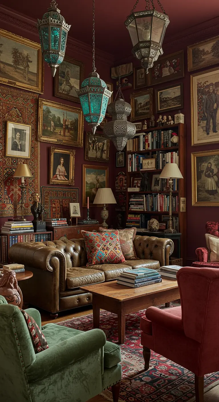 Sala de estar bohemia con paredes llenas de cuadros, estanterías y varios faroles colgantes de estilos diferentes