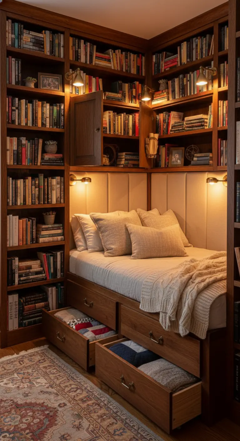 Cama encajada en una librería de madera oscura, creando un acogedor rincón de lectura.