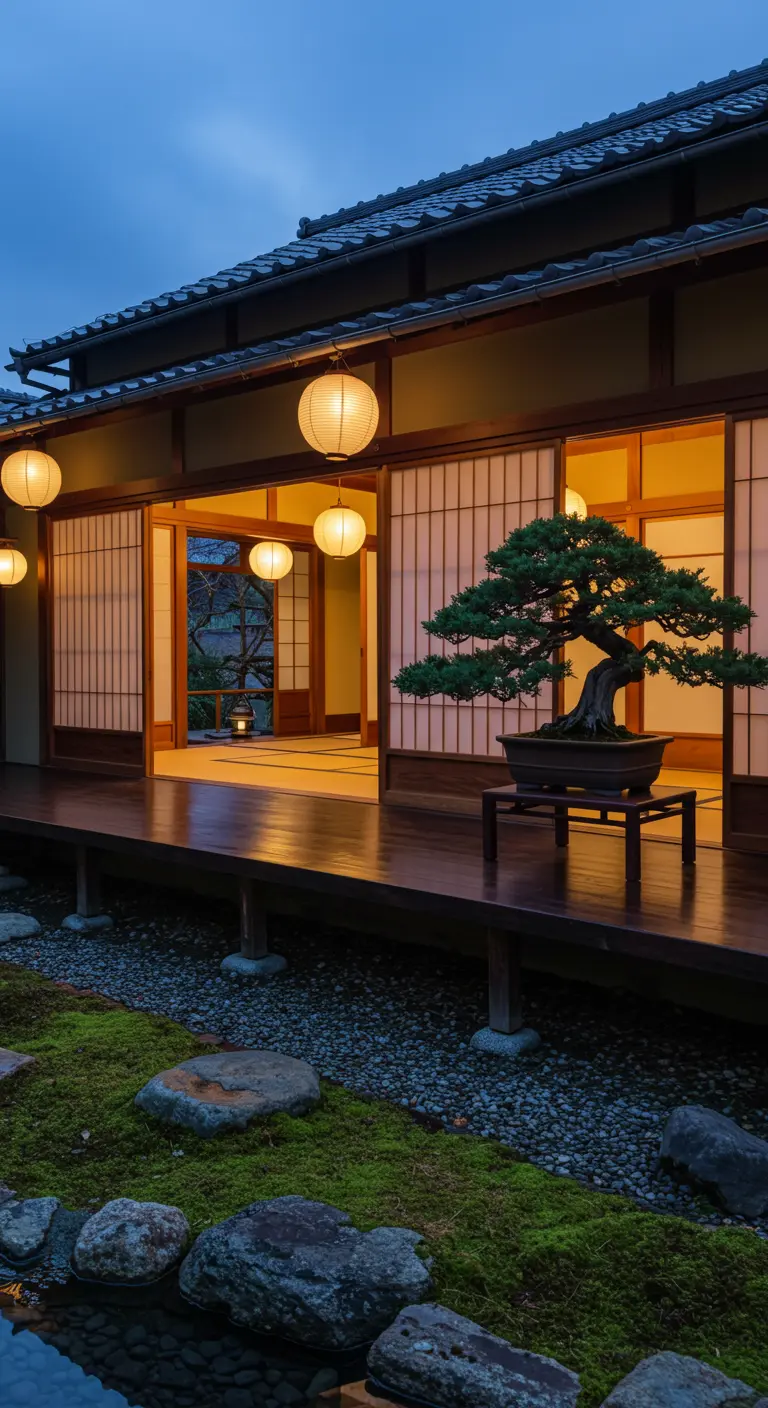 Porche de madera japonés al anochecer con farolillos de papel iluminados y un bonsái en un pedestal.