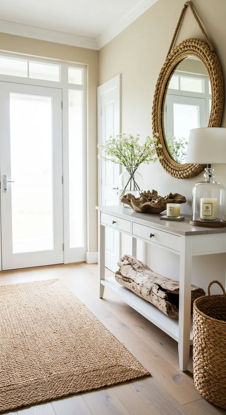 Entrada de estilo costero con consola blanca, espejo de mimbre y alfombra de yute.