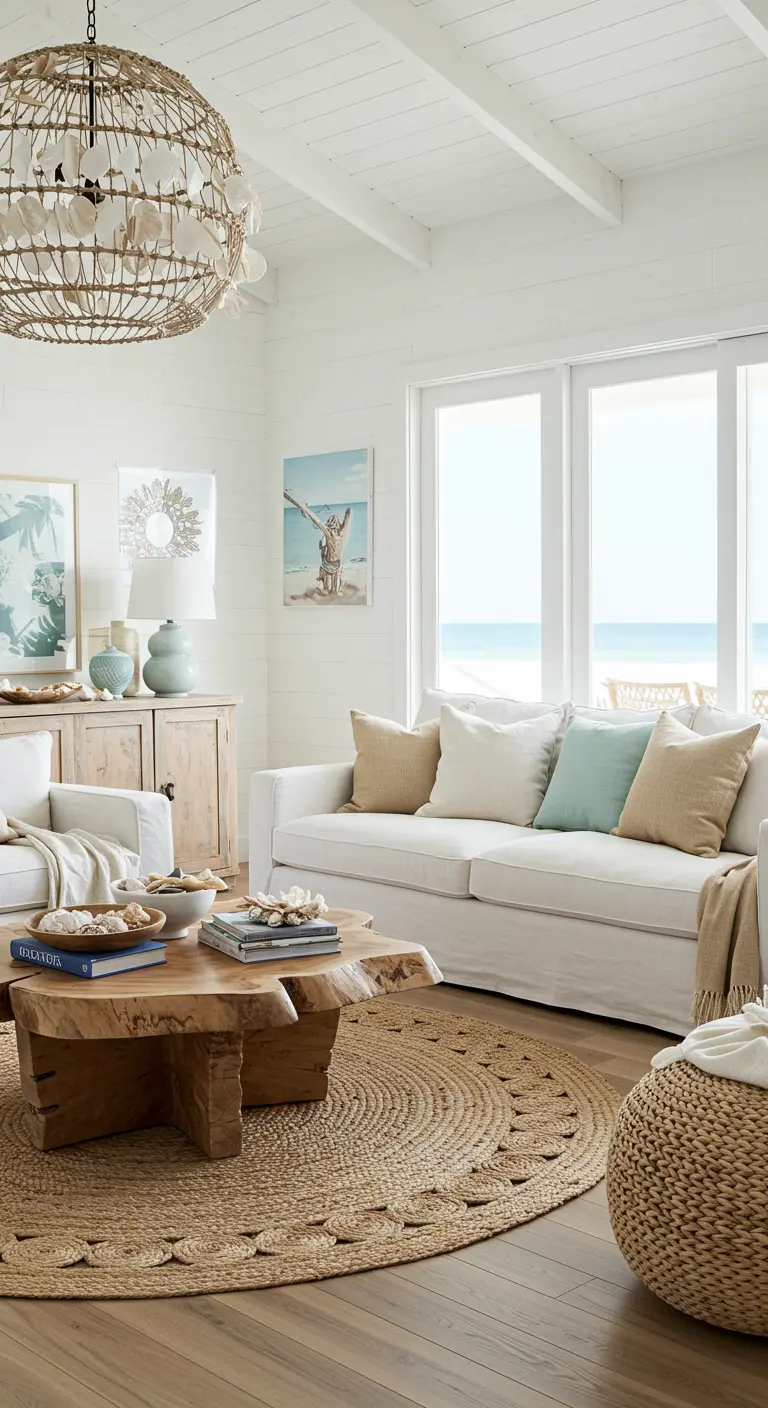 Sala de estar de estilo boho costero con sofás blancos, madera clara y una lámpara de conchas.