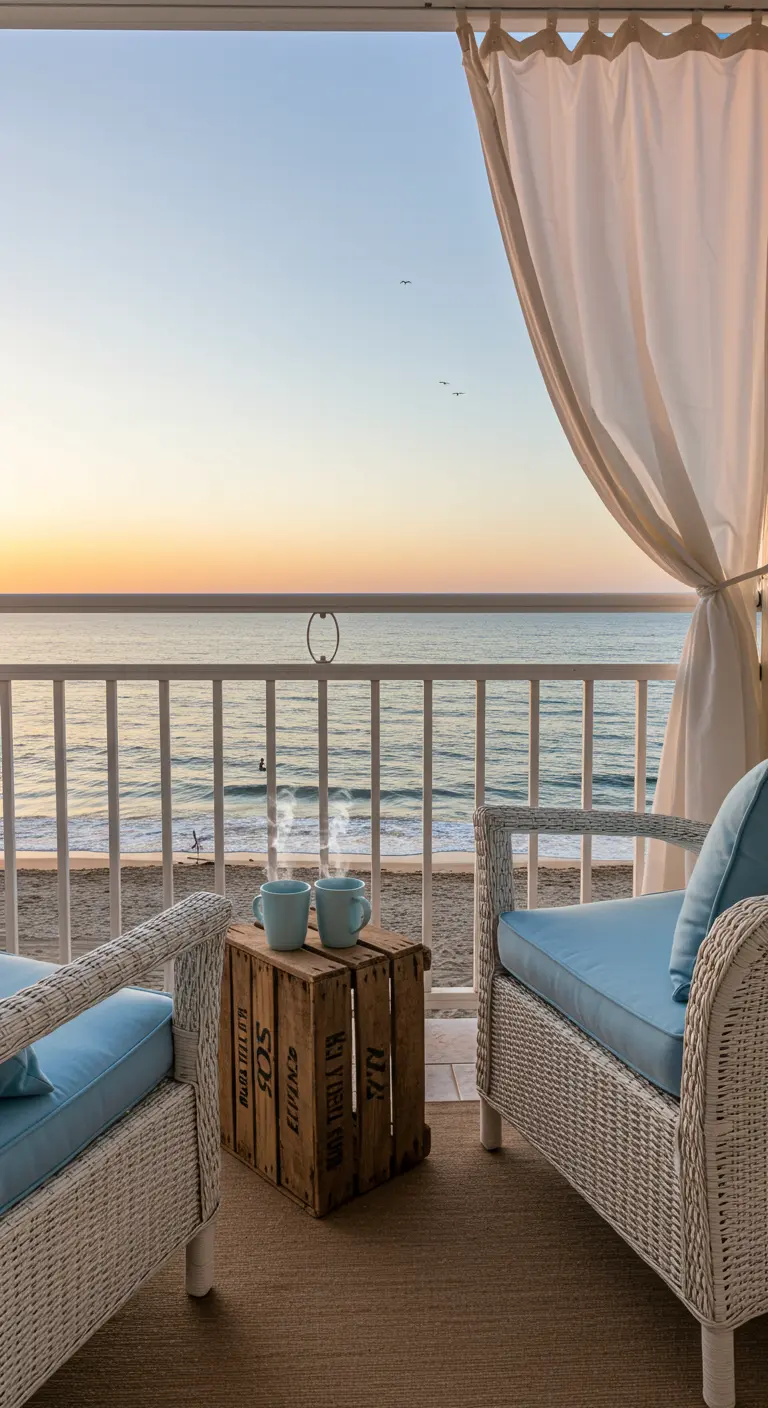 Balcón con vistas al mar, sillones de mimbre blanco, cojines azules y una caja de madera como mesa