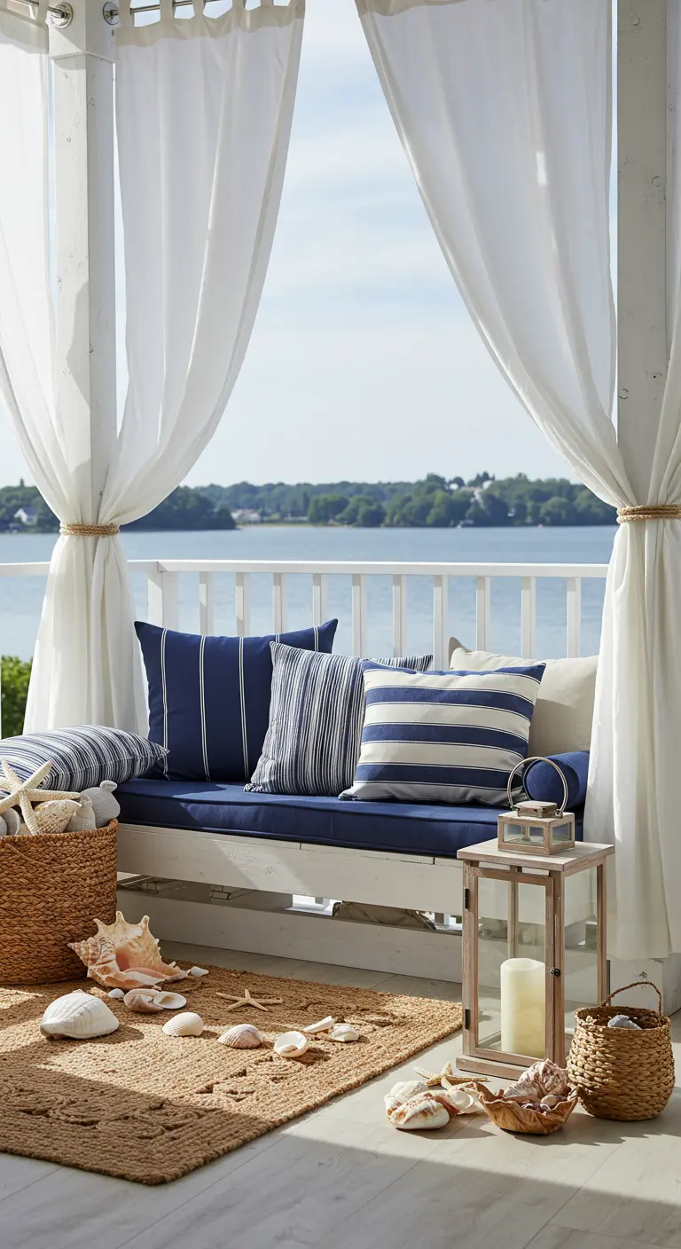 Balcón con decoración náutica, cojines a rayas azules y blancas, y cortinas blancas.