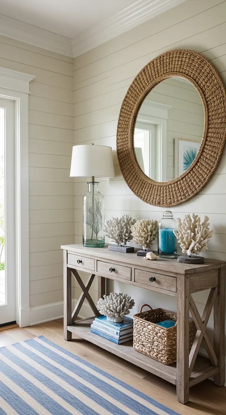 Recibidor de estilo costero con pared de lamas blancas y decoración de inspiración marina