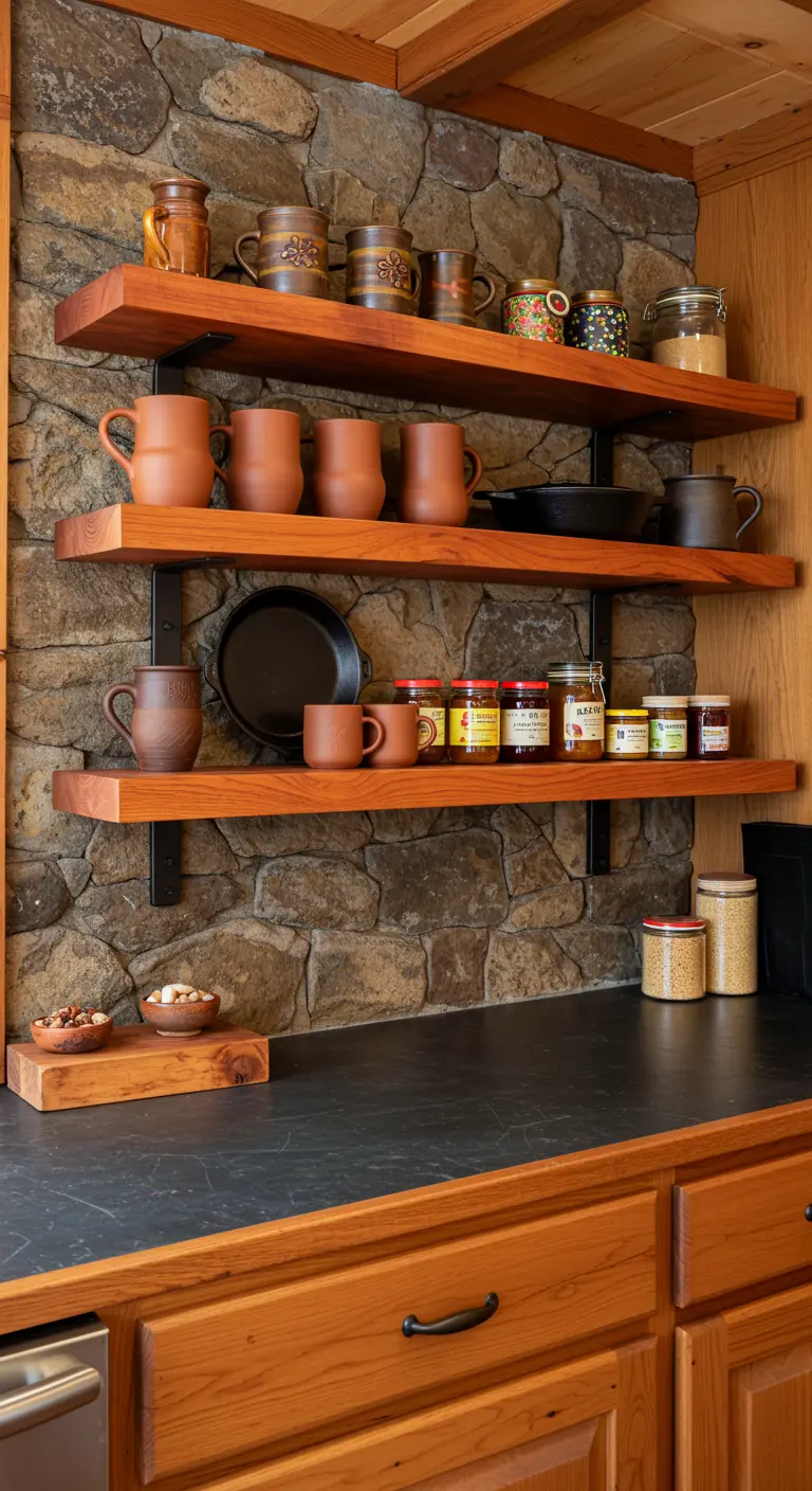 Estanterías de madera de cerezo sobre una pared de piedra con jarras y tazas de cerámica rústica