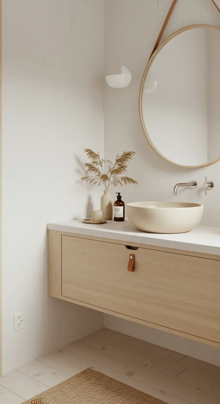 Baño de estilo escandinavo con mueble de madera clara, lavabo tipo bol y espejo redondo.