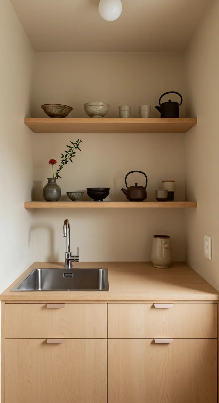 Estantes de madera clara en un rincón de cocina minimalista con cerámica artesanal y tonos neutros