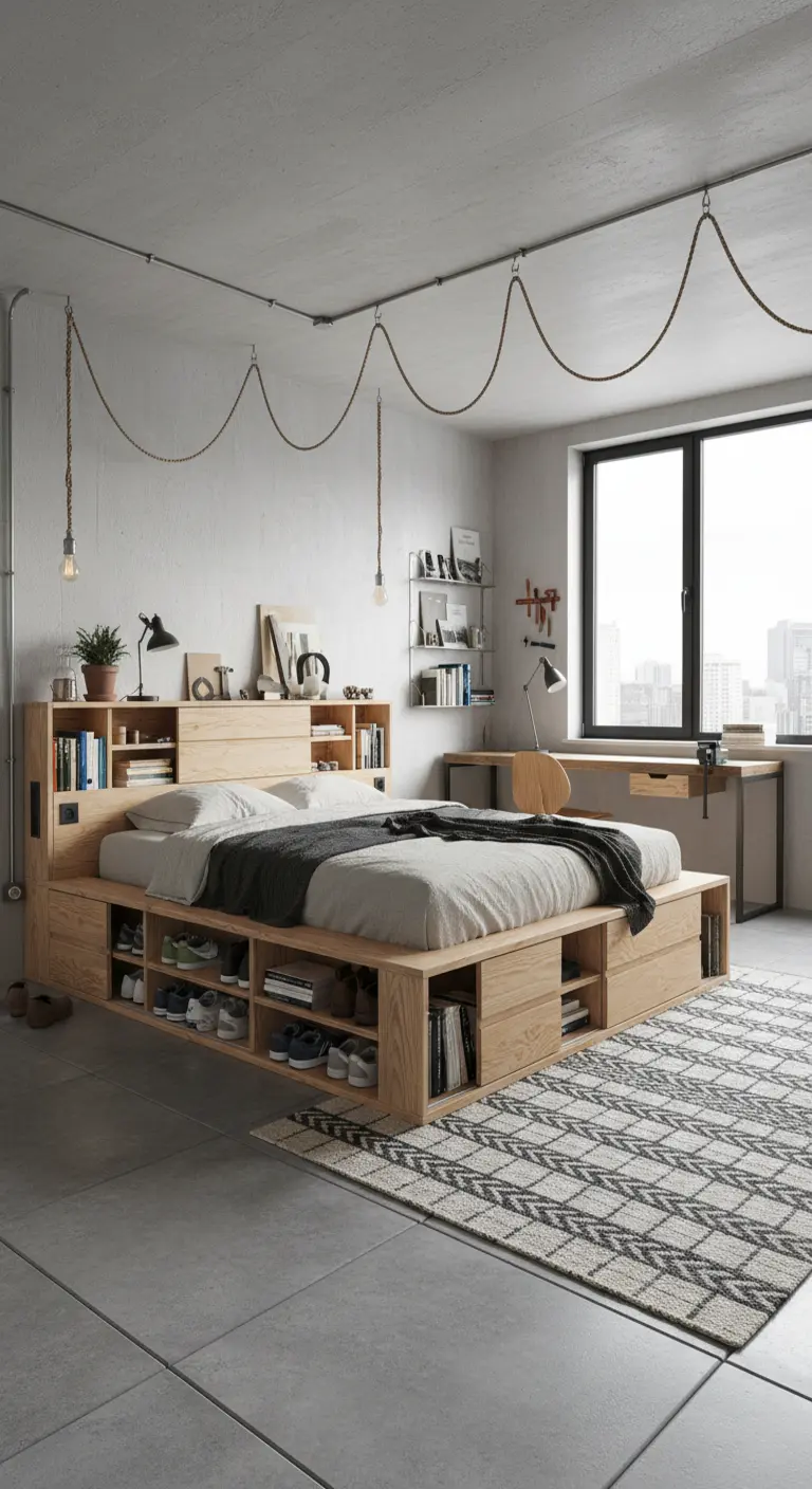 Cama de plataforma de madera con estanterías abiertas para libros y zapatos en la base.