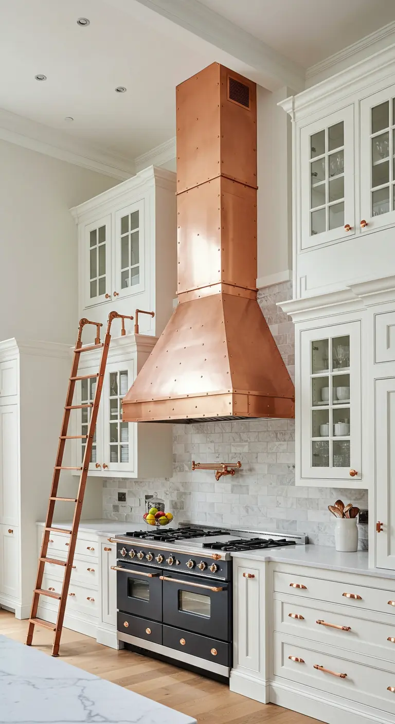 Impresionante campana extractora de cobre en una cocina blanca con techos altos