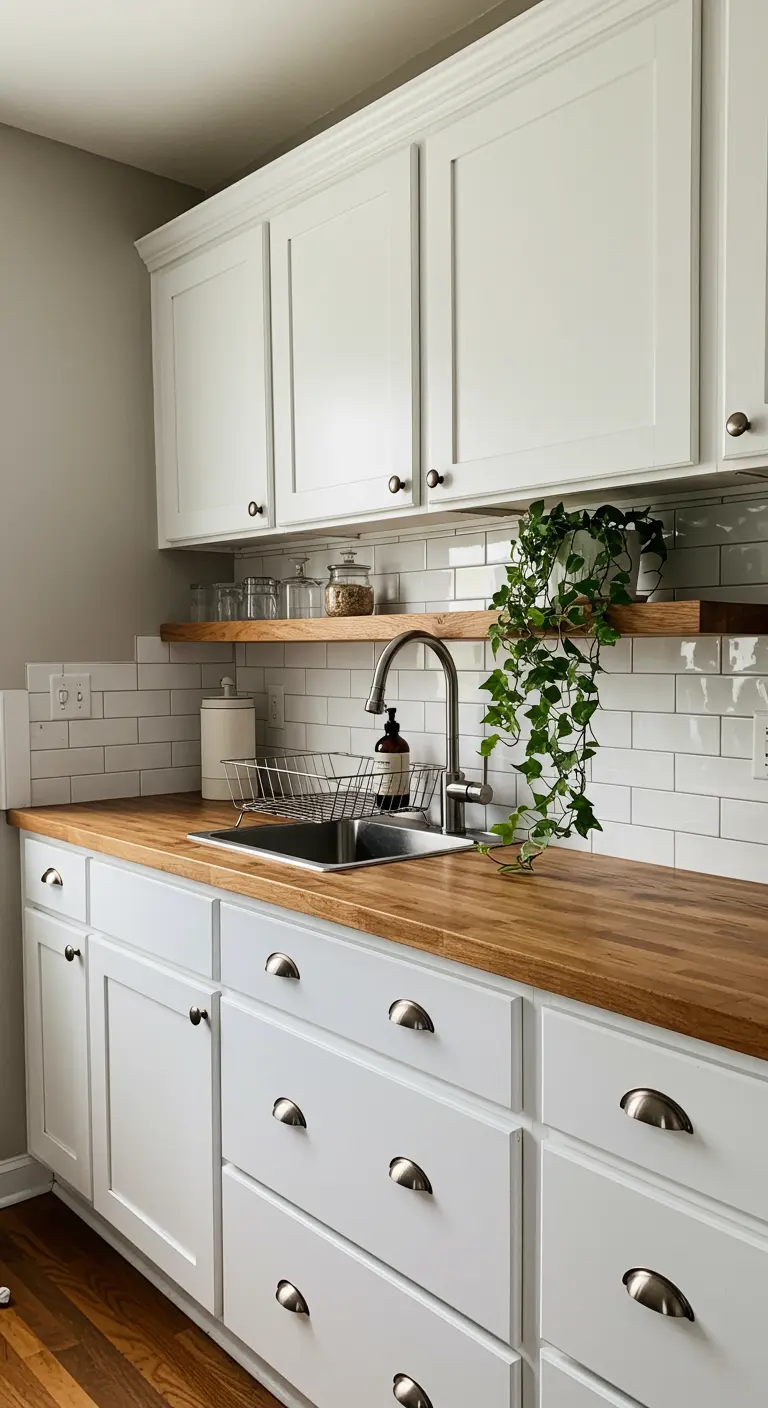 Estante de madera bajo armarios blancos con una planta colgante que cae sobre el fregadero