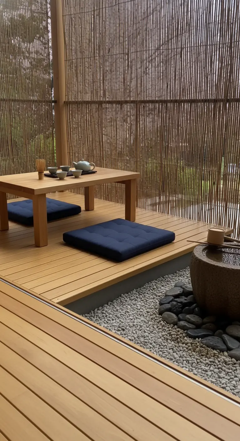 Zona de té japonesa en una terraza de madera con mesa baja, cojines y una fuente de piedra.