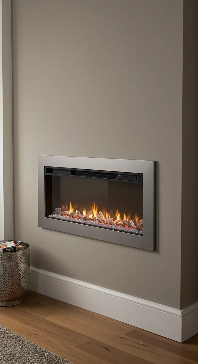 Chimenea eléctrica moderna empotrada en una pared de esquina, con llamas y cristales decorativos.
