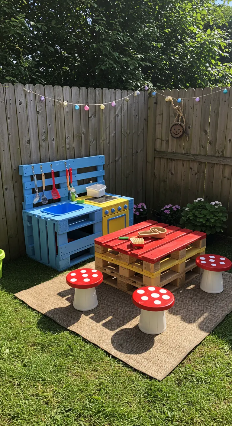 Zona de juegos infantil en el jardín con una cocinita y una mesa hechas de palets de colores vivos.