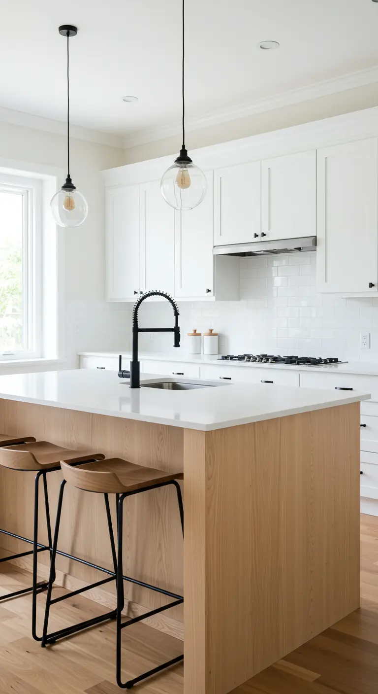 Isla de cocina de madera y blanco con taburetes y grifo negro.