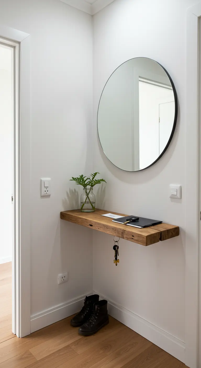 Estante esquinero flotante de madera gruesa en un recibidor, con un espejo redondo encima.