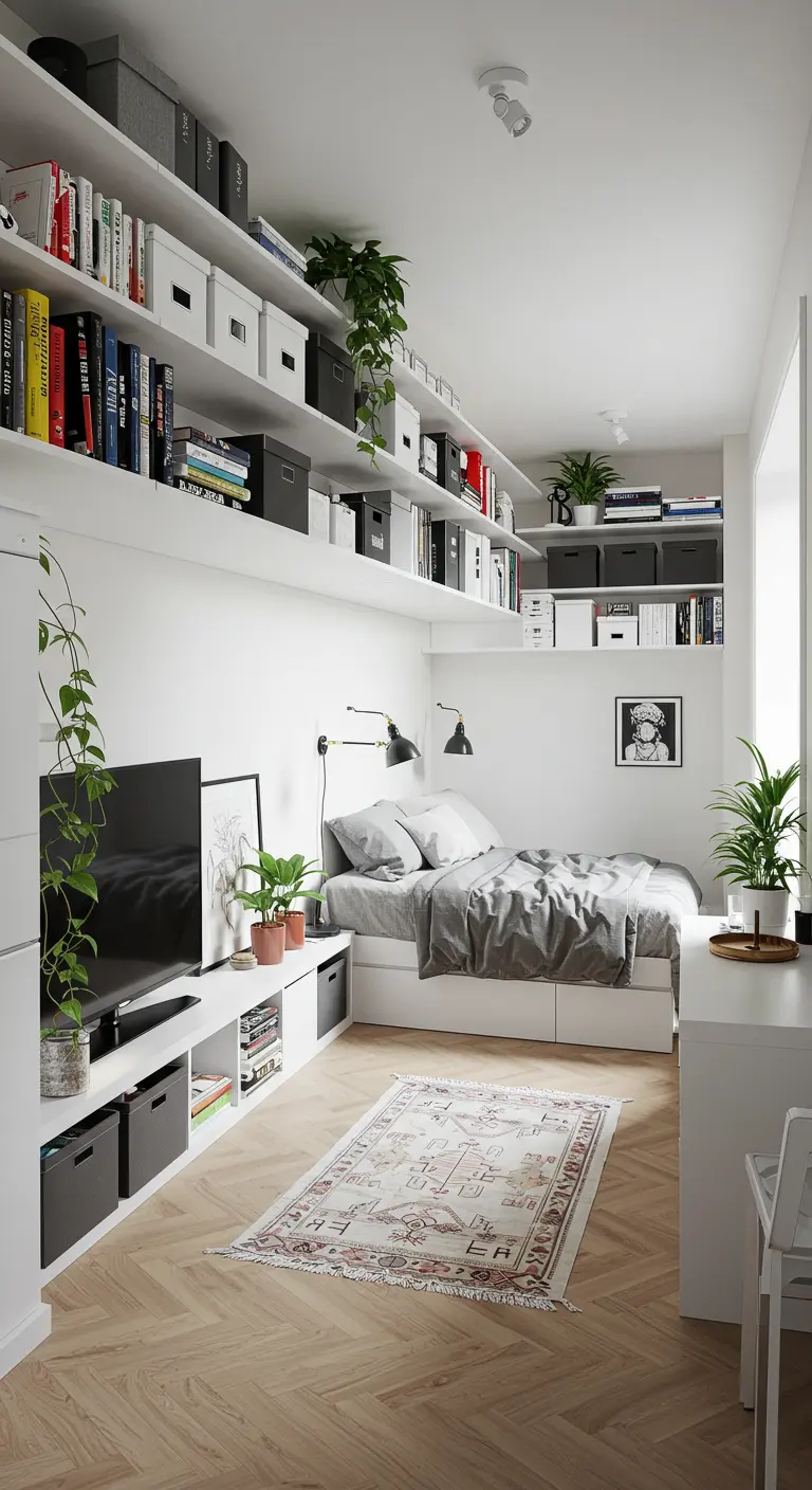 Dormitorio pequeño con estanterías altas que rodean la habitación para máximo almacenaje.