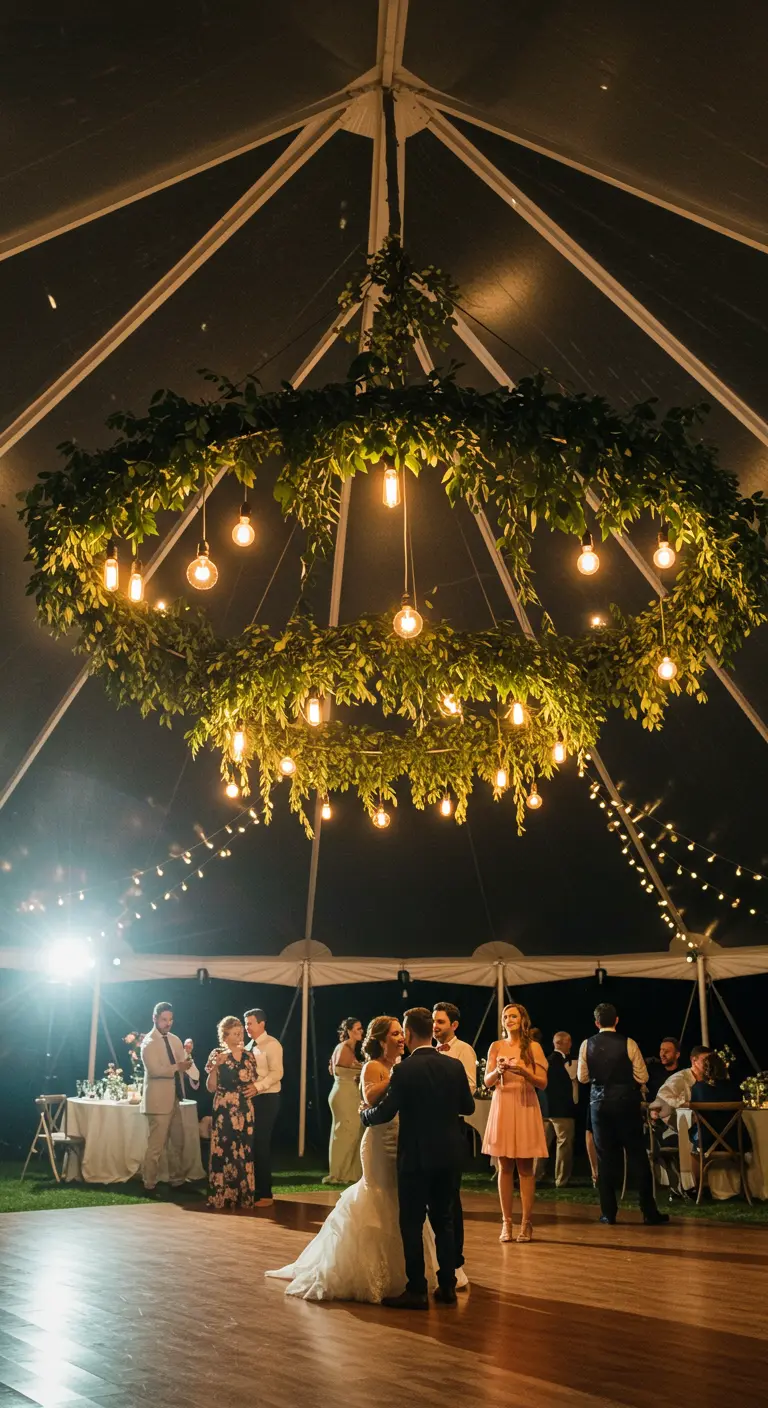 Gran corona de hojas verdes con bombillas colgantes sobre una pista de baile en una carpa.