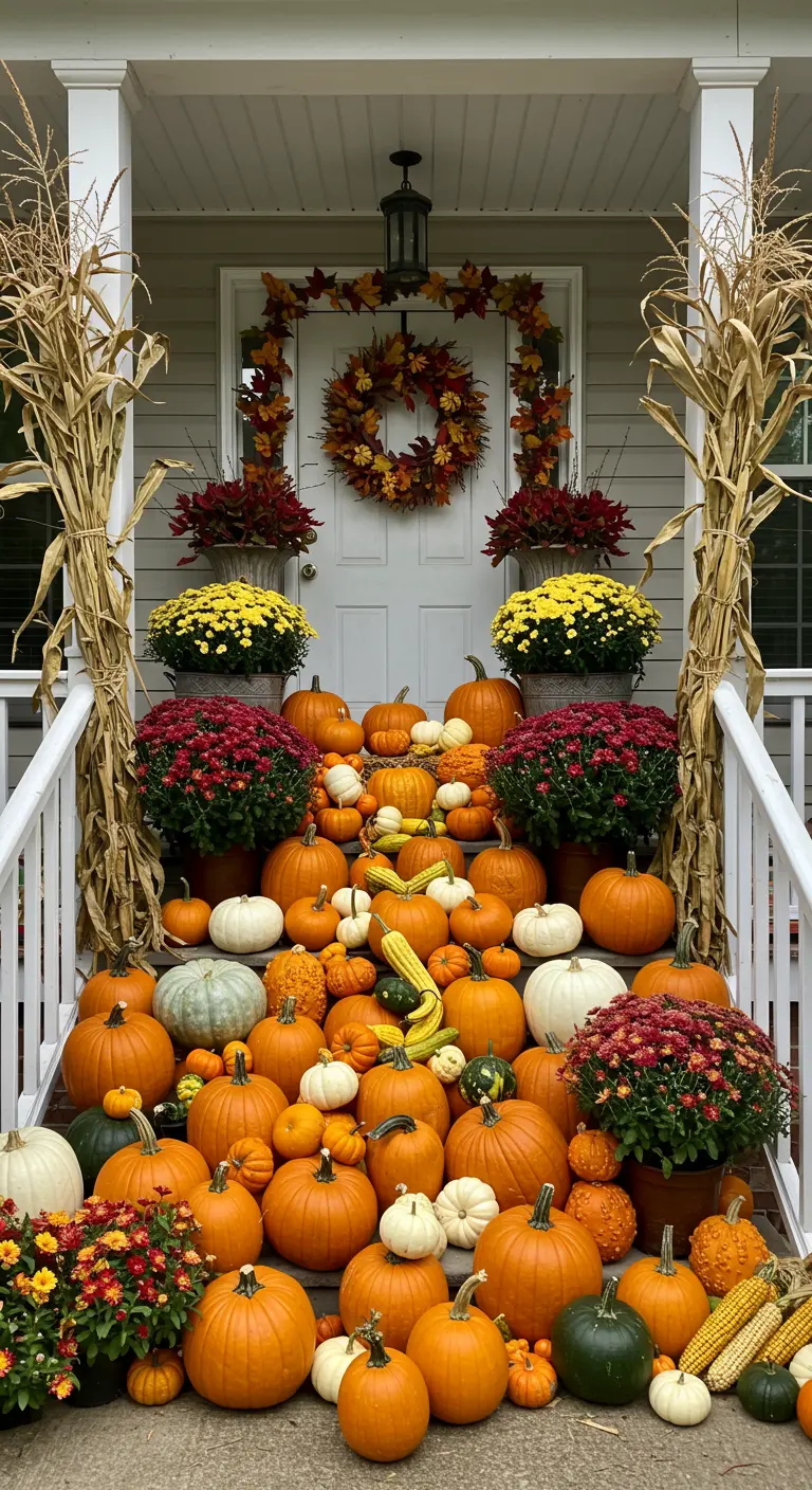 Entrada de una casa con los escalones cubiertos de calabazas y crisantemos de otoño.