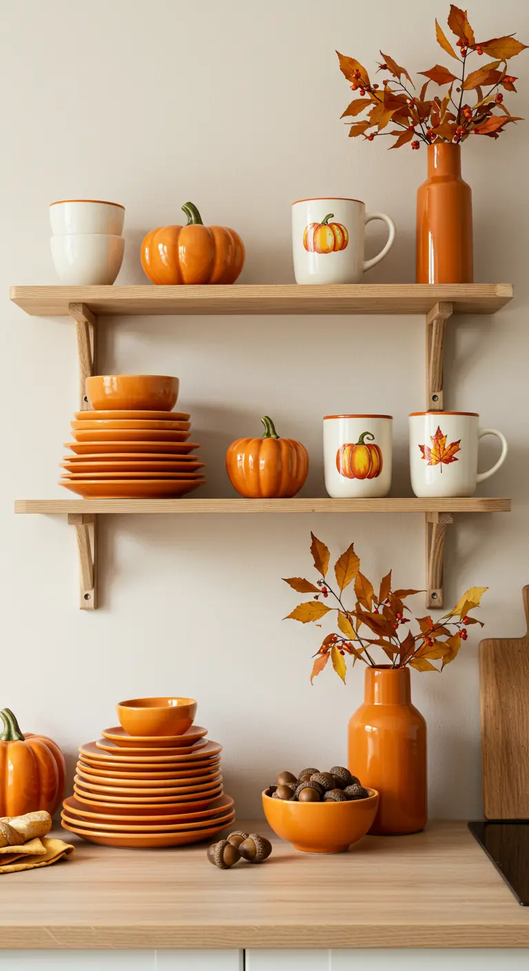 Estanterías de madera clara decoradas para el otoño con vajilla naranja y calabazas