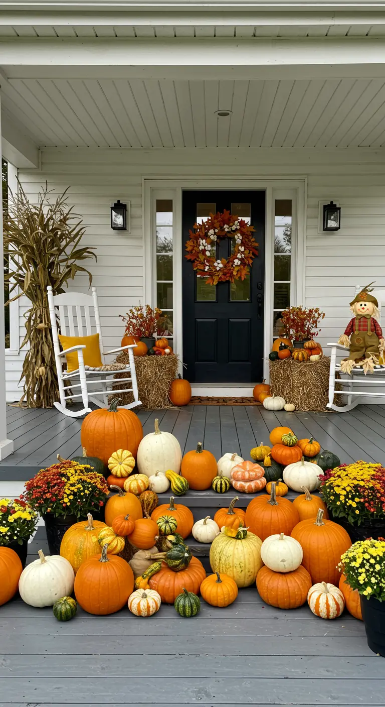 Porche de granja blanco decorado con calabazas naranjas, balas de heno y crisantemos otoñales.