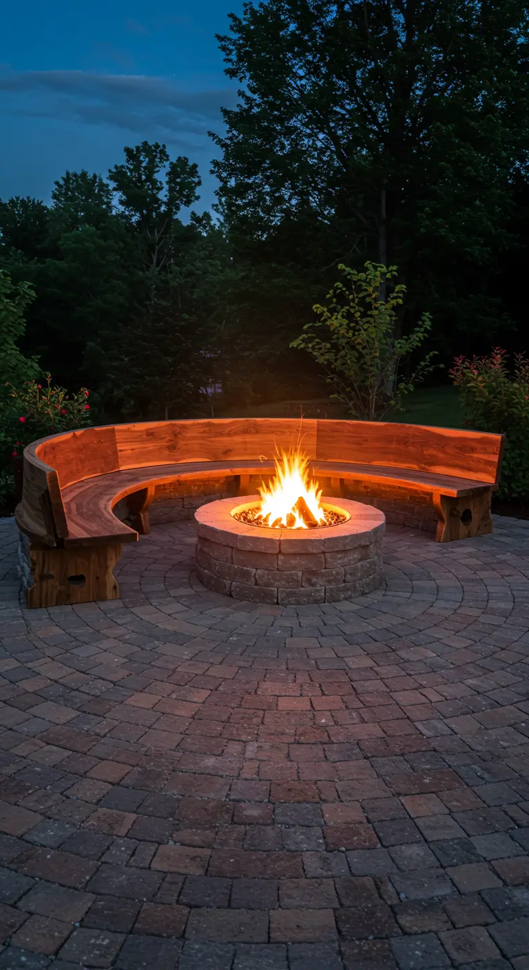 Gran banco de madera curvo iluminado desde abajo, rodeando una hoguera de piedra por la noche.
