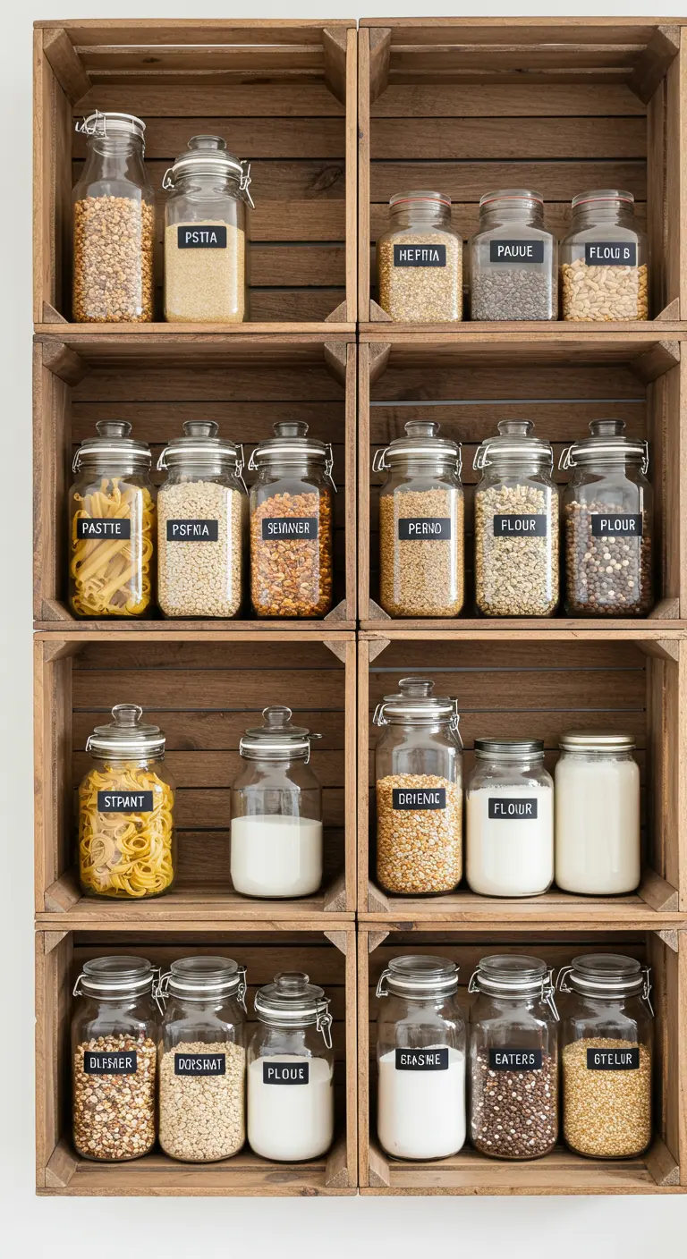 Despensa organizada con cajas de madera apiladas y botes de cristal etiquetados con alimentos.