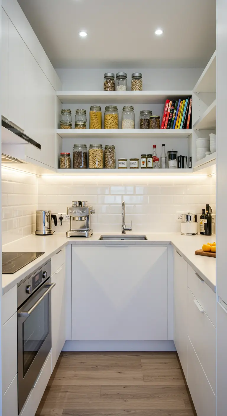 Cocina blanca y compacta con estanterías abiertas llenas de frascos de vidrio.