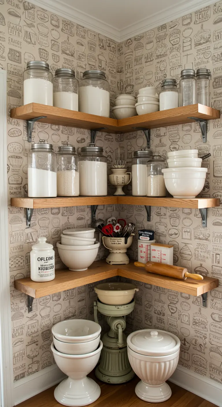 Rincón de despensa con estantes de madera, papel pintado temático y grandes frascos de almacenamiento