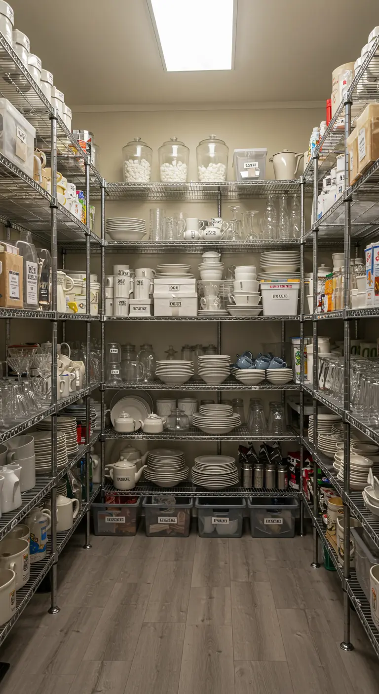 Despensa con estanterías metálicas de alambre repletas de vajilla, cristalería y suministros.