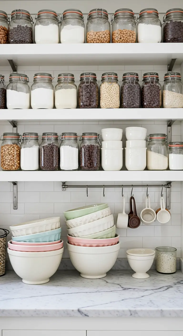 Estantes blancos con tarros de vidrio llenos de legumbres y harinas, y boles de colores pastel.