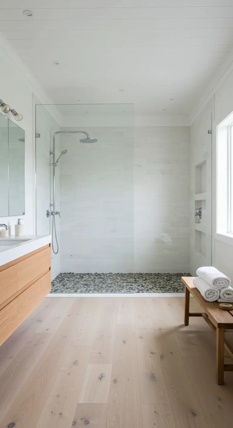 Ducha a ras de suelo con suelo de cantos rodados, paredes blancas y un banco de madera
