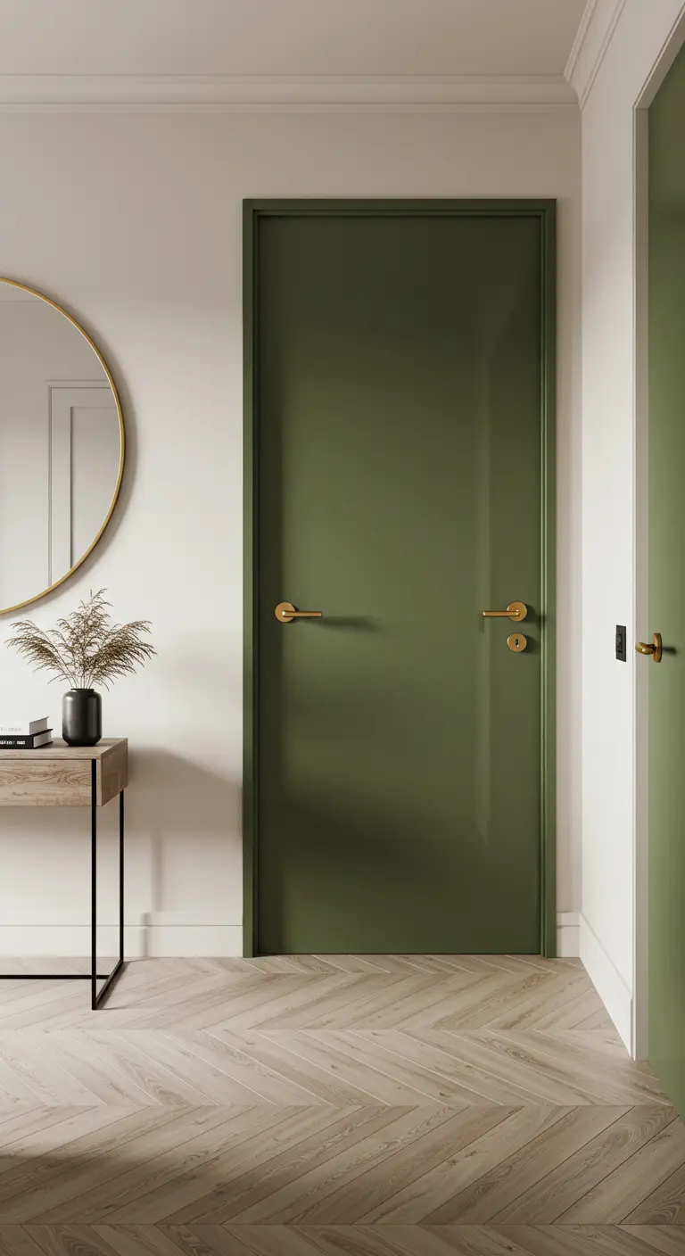 Puerta verde olivo integrada en la pared con manilla dorada.