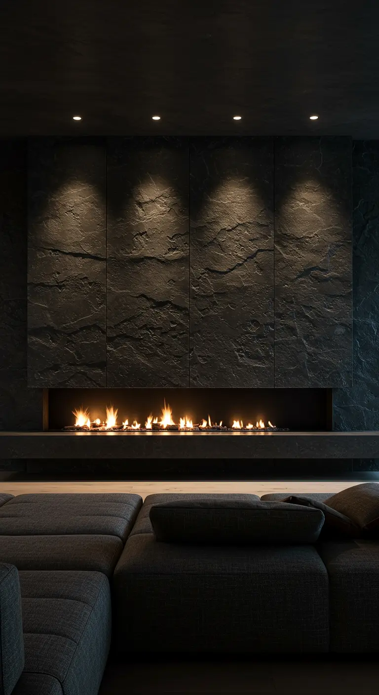 Sala minimalista con una pared de acento de pizarra negra y una chimenea lineal.