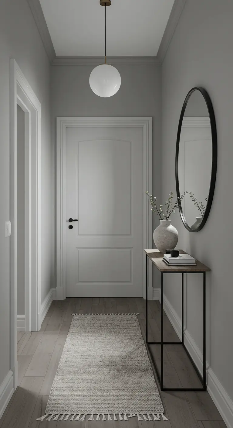 Recibidor con paredes grises, una consola fina y un gran espejo redondo con marco negro.