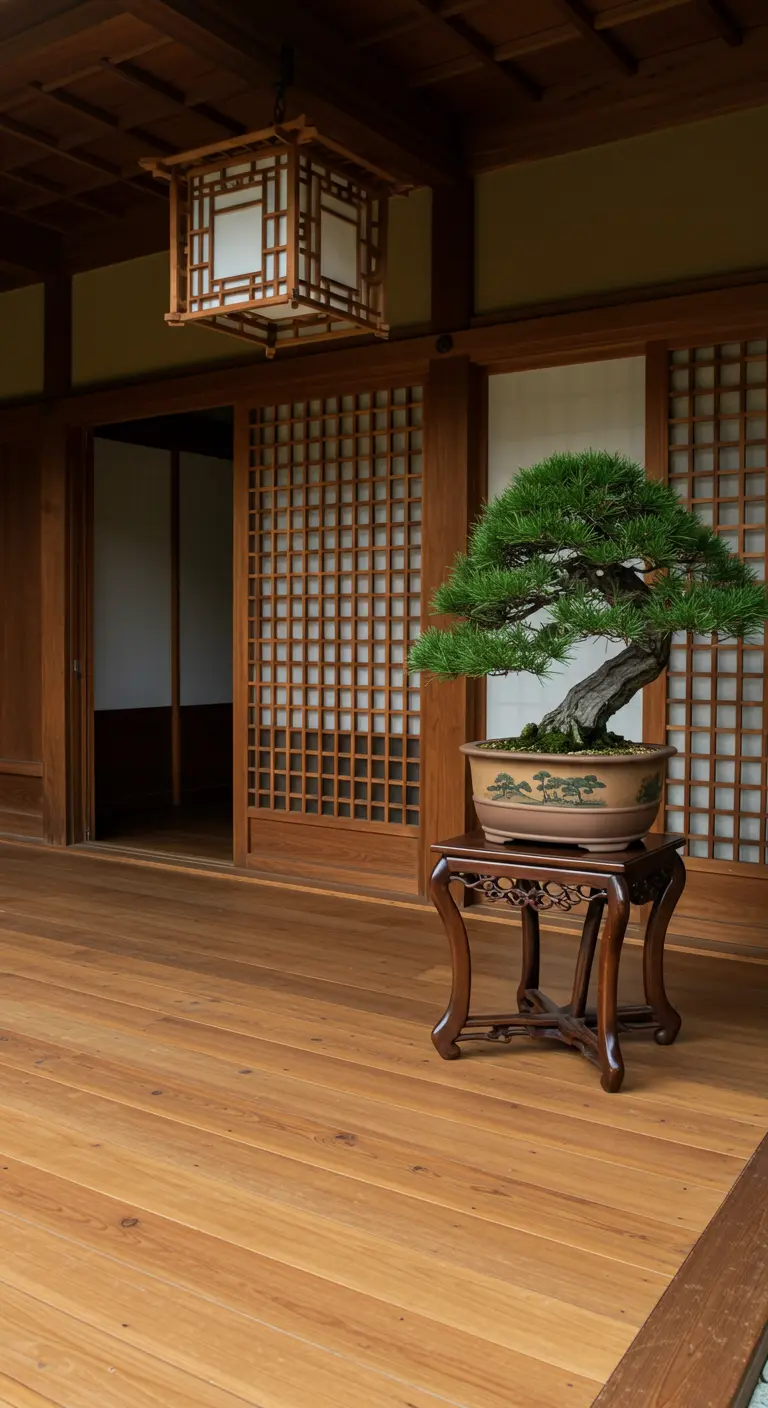 Bonsái de pino sobre un elegante pedestal de madera tallada en un porche con una linterna de madera colgante.